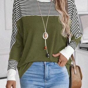 SHEIN Olive Green and Striped Long Sleeve Top
